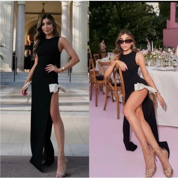 Atoir Reformation Jana Bow Dress Size 6 Slit Black and Cream Black Tie Formal - Picture 3 of 14